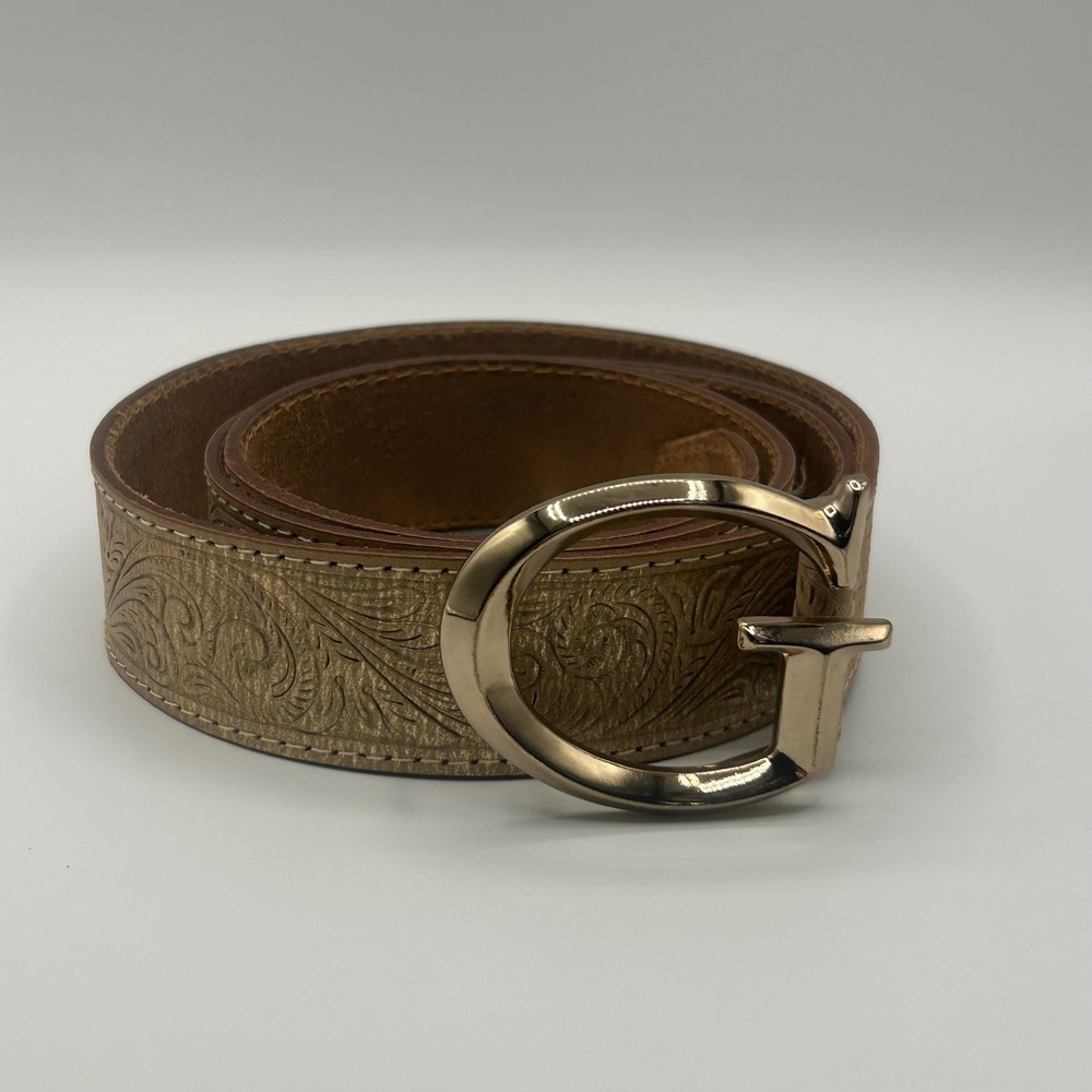 GUESS Womens 911232 Tooled Leather Belt XL Metallic Gold G Logo Buckle Western